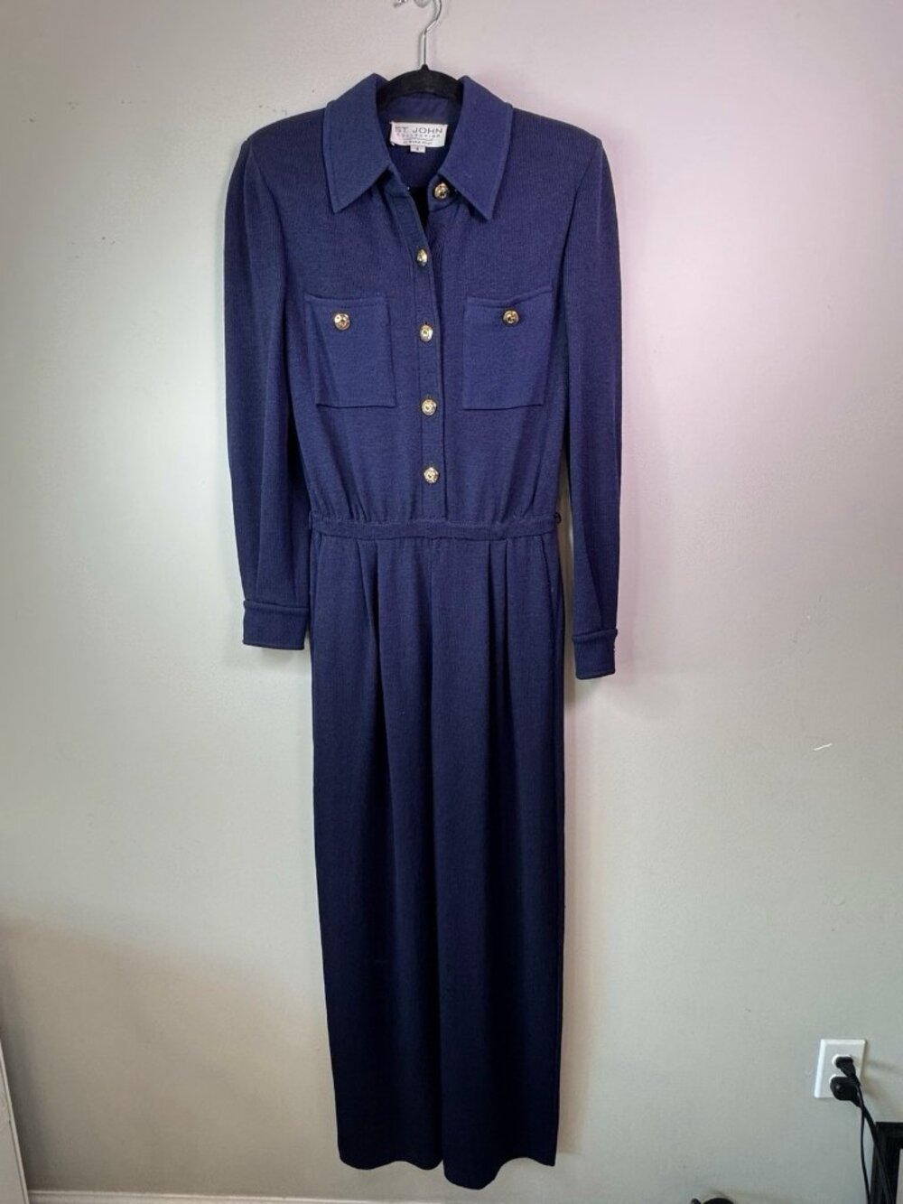 VTG St. John Collection Women's Navy Santana Knit Blue Jumpsuit Wide Leg Pant 4